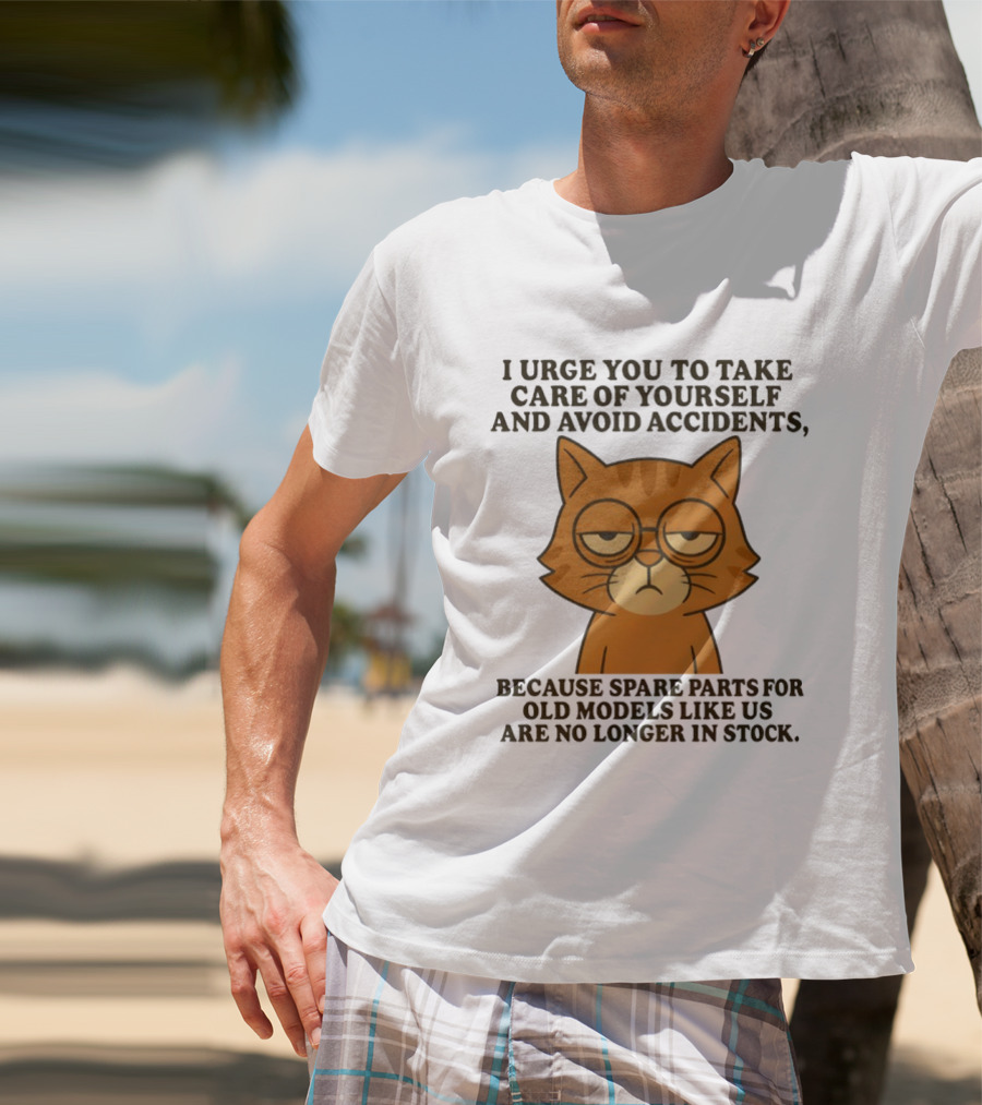 Sad Orange Cat I Urge You To Take Care Of Yourself And Avoid Accidents Spare Parts For Old Models No Longer In Stock T-Shirt