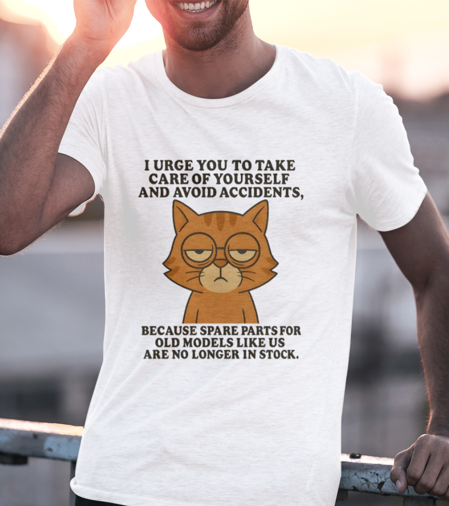 Sad Orange Cat I Urge You To Take Care Of Yourself And Avoid Accidents Spare Parts For Old Models No Longer In Stock T-Shirt
