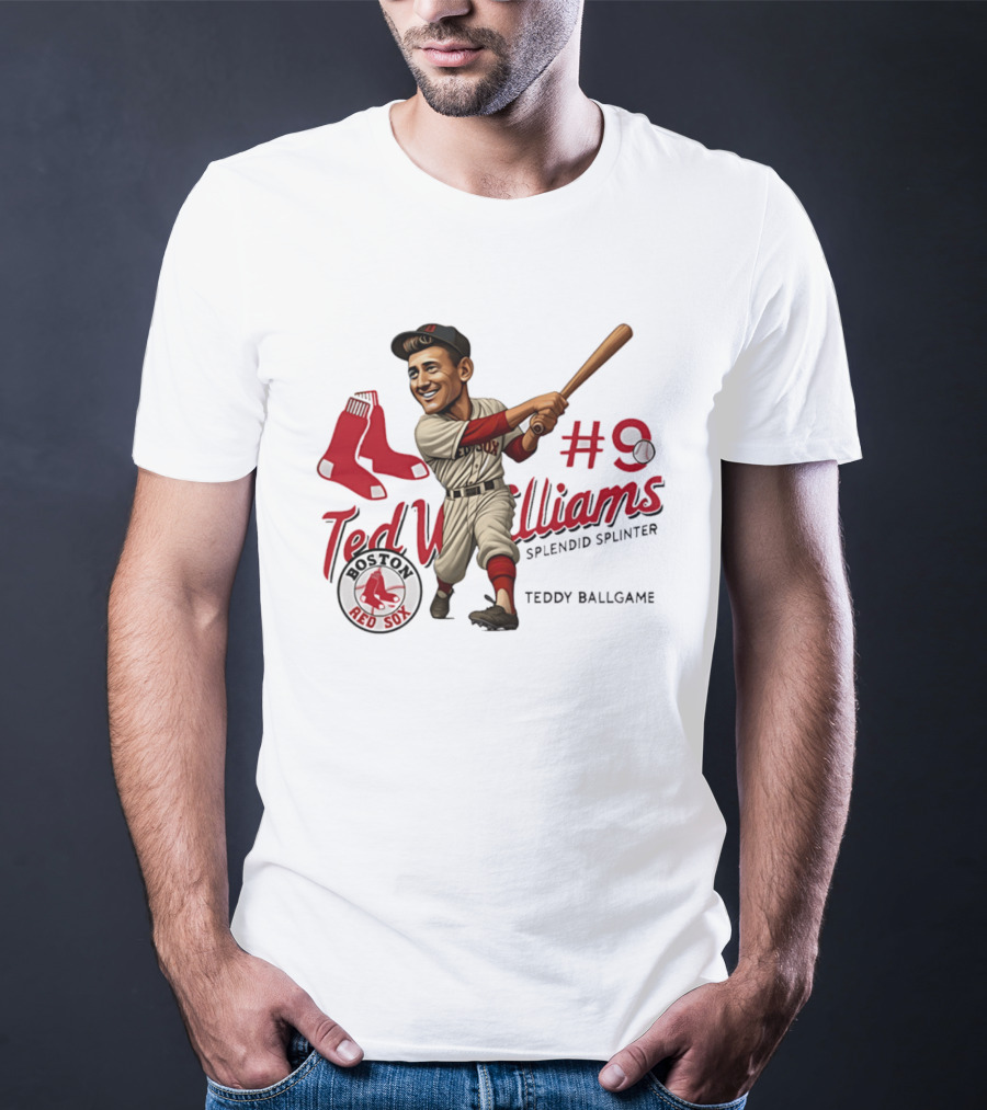 Ted Williams Boston Red Sox Splendid Splinter #9 Teddy Ballgame Caricature T-Shirt