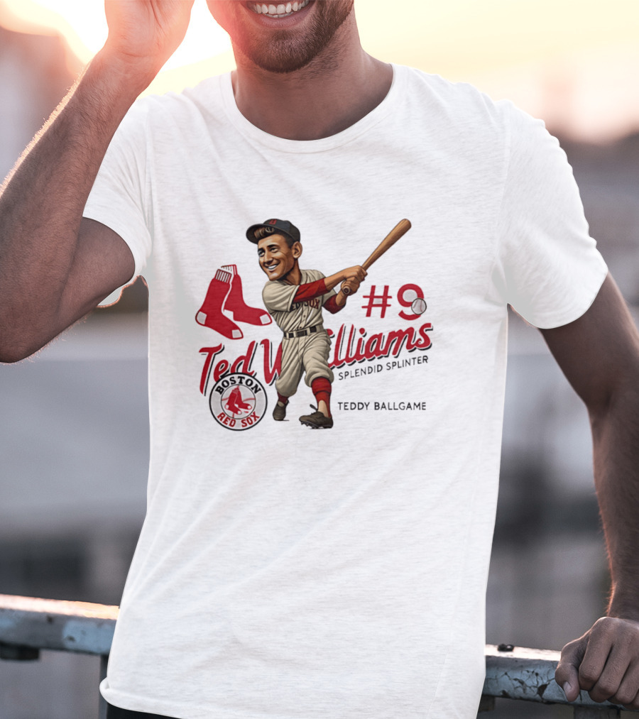 Ted Williams Boston Red Sox Splendid Splinter #9 Teddy Ballgame Caricature T-Shirt
