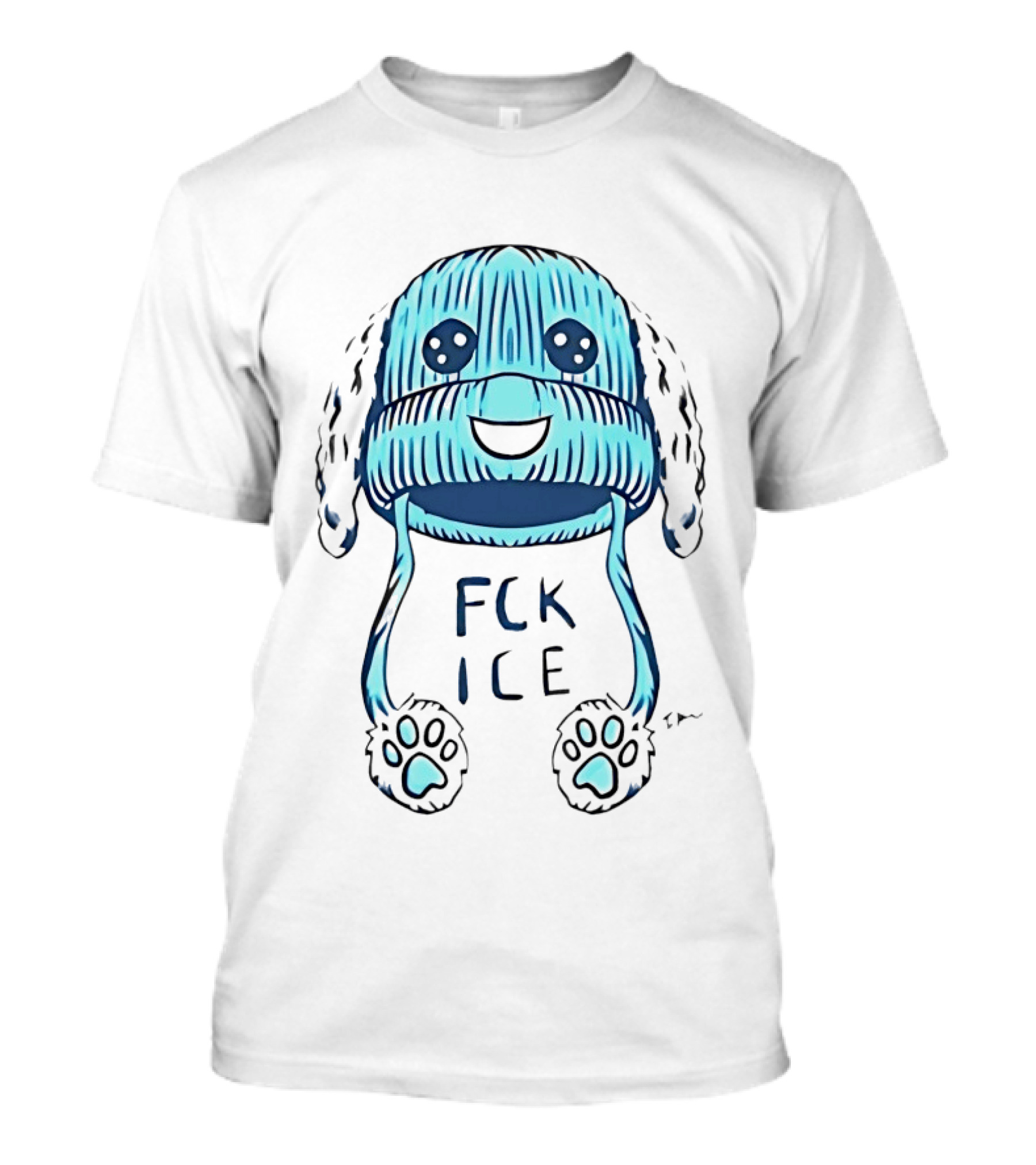 FCK ICE Blue Winter Hat Cartoon With Paw Prints T-Shirt