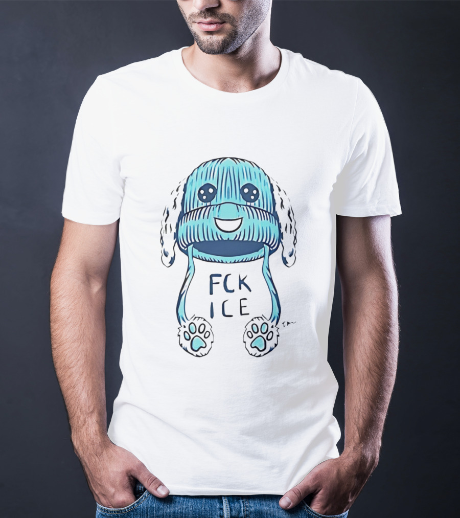 FCK ICE Blue Winter Hat Cartoon With Paw Prints T-Shirt