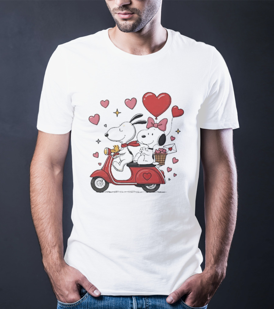 Valentines Day Snoopy Couple Riding Scooter With Hearts And Balloons T-Shirt