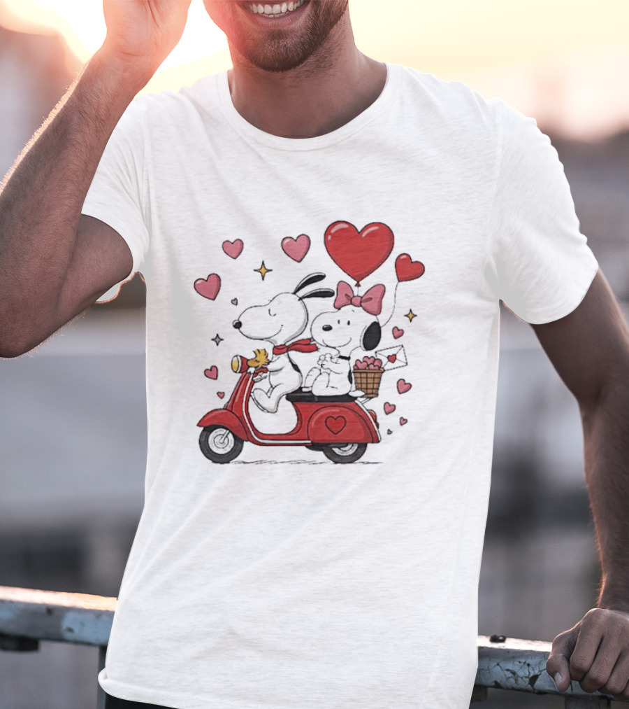 Valentines Day Snoopy Couple Riding Scooter With Hearts And Balloons T-Shirt