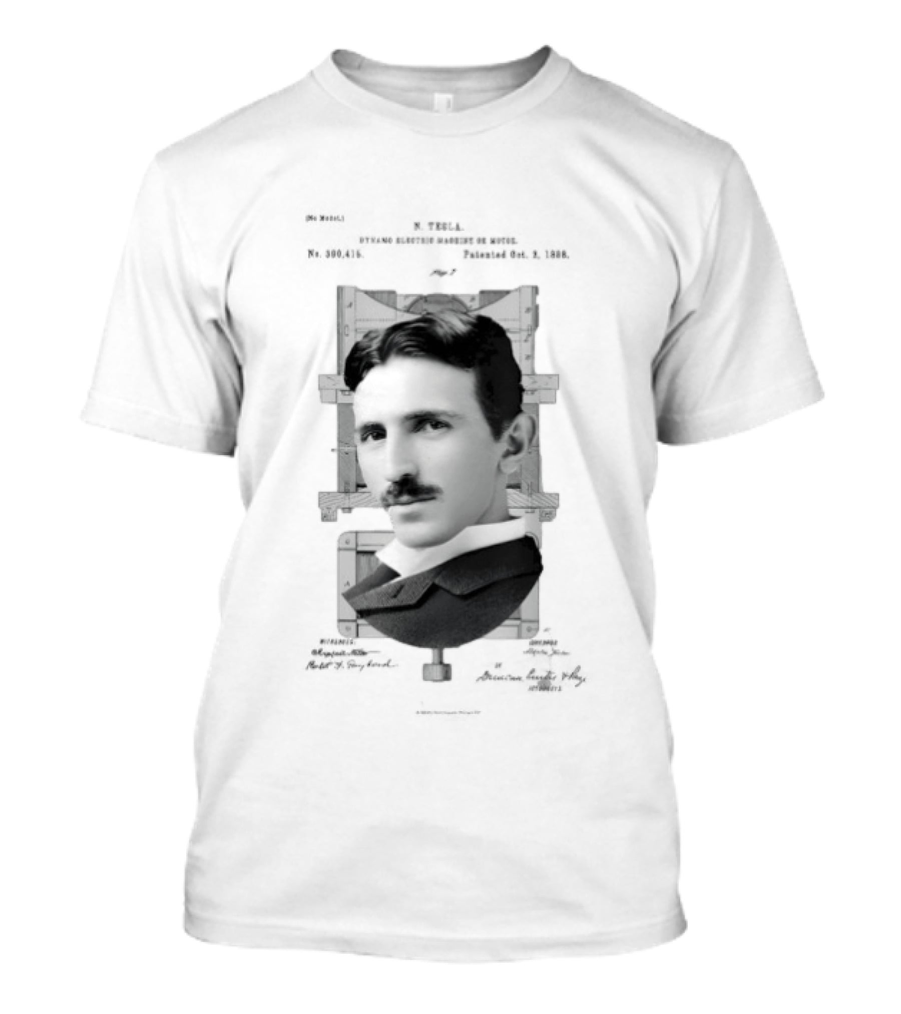 Nikola Tesla Portrait Over Electrical Apparatus Patent Design Image T-Shirt