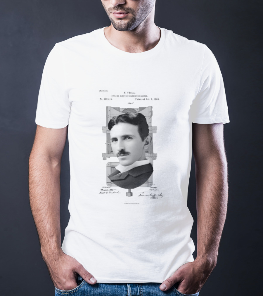 Nikola Tesla Portrait Over Electrical Apparatus Patent Design Image T-Shirt