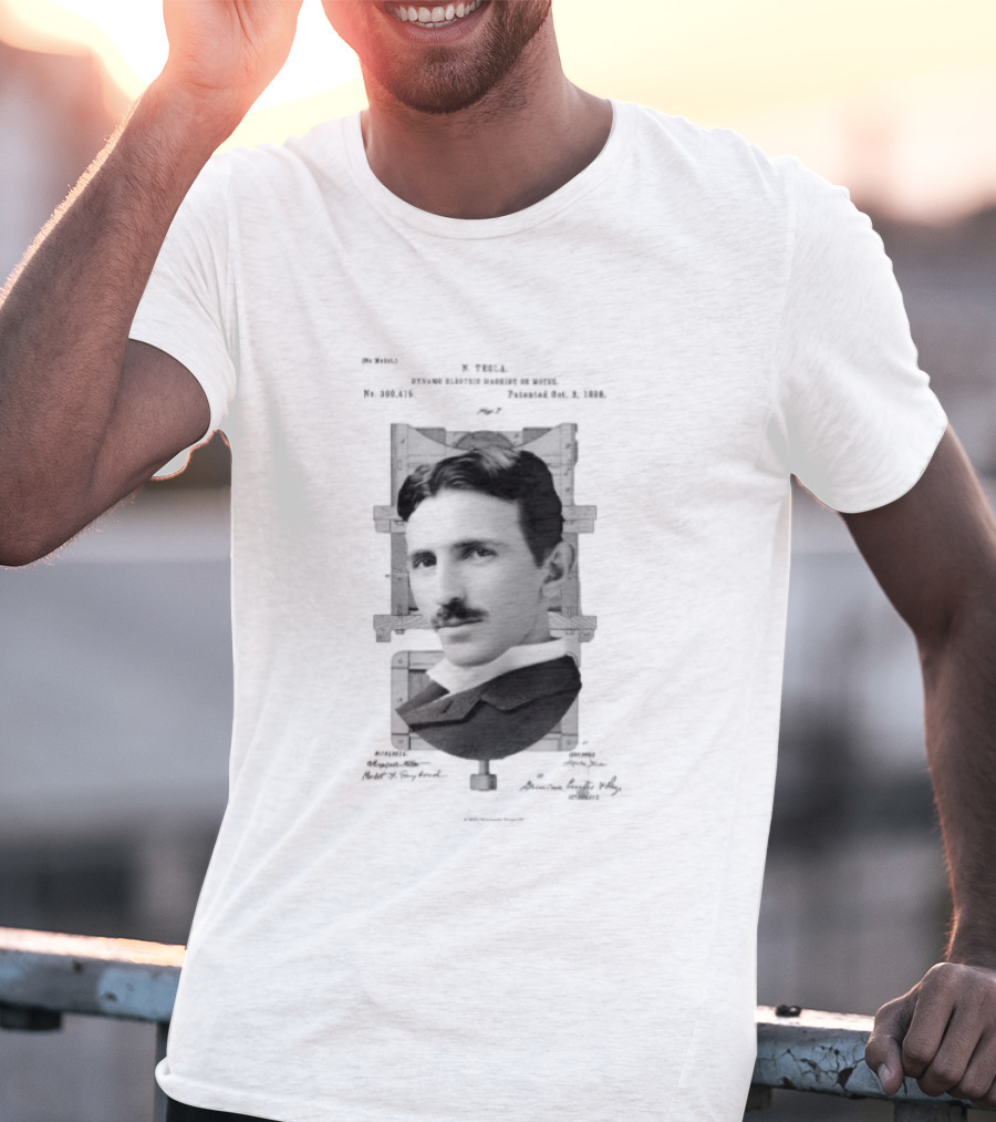 Nikola Tesla Portrait Over Electrical Apparatus Patent Design Image T-Shirt