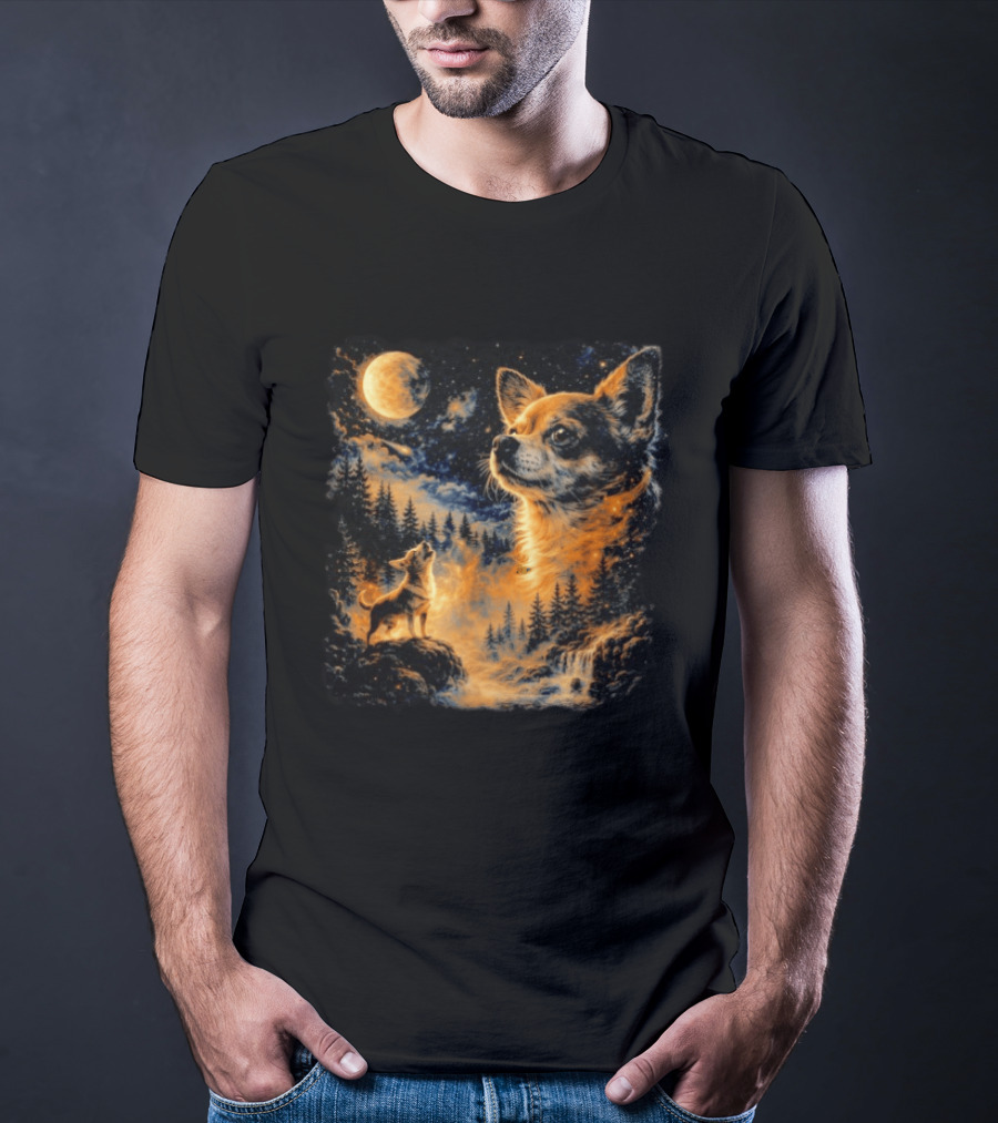 Chihuahua Howling 90s Nostalgia Moonlit Wilderness Scene T-Shirt