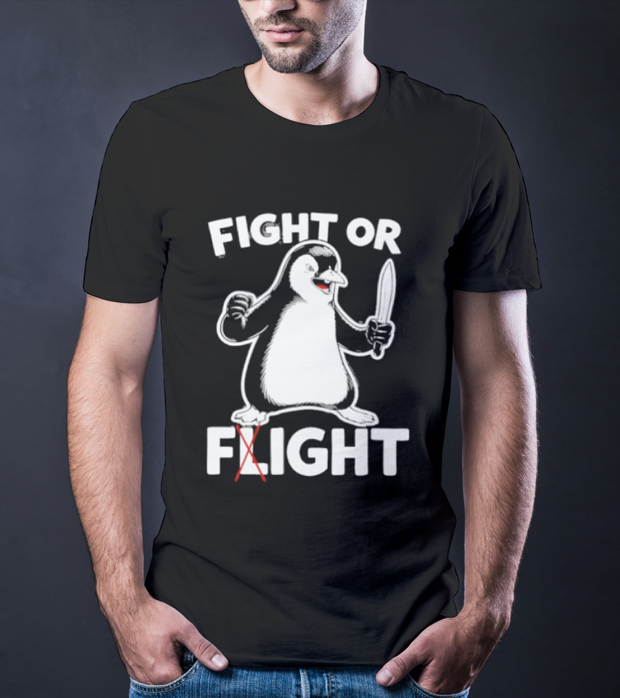 Penguin Holding Knife Fight Or Flight Meme T-Shirt