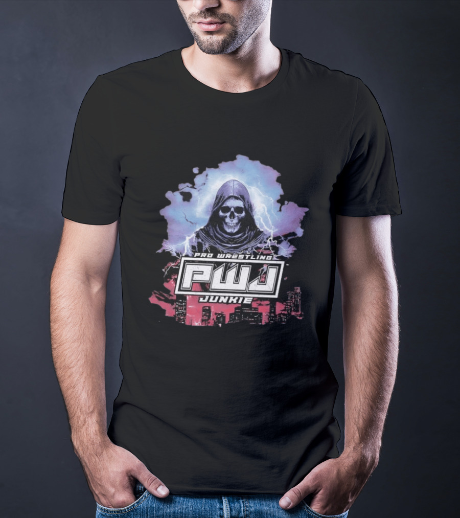 Pro Wrestling PWJ Junkie Skeleton Lightning Cityscape T-Shirt
