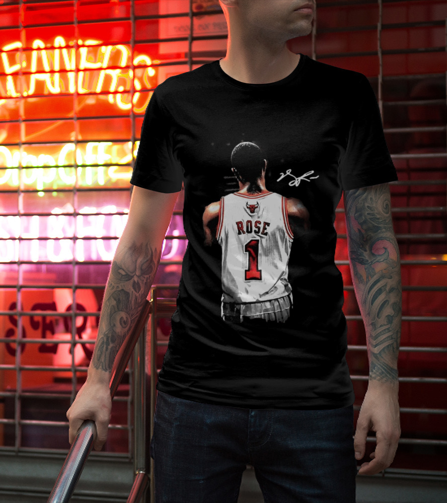 Derrick Rose Chicago Bulls Autographed Jersey Number 1 NBA T-Shirt