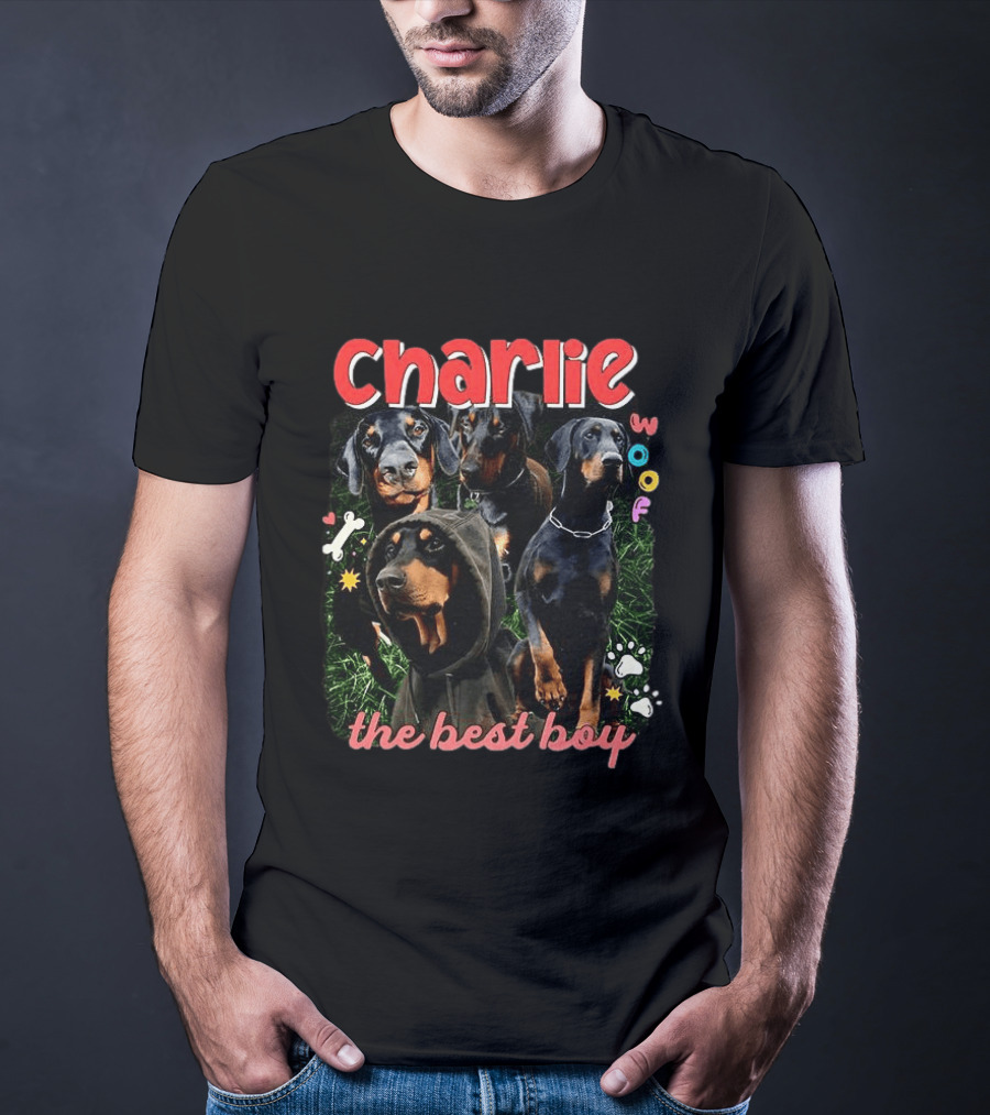 Charlie Woof The Best Boy Dog Paw Prints And Bones T-Shirt