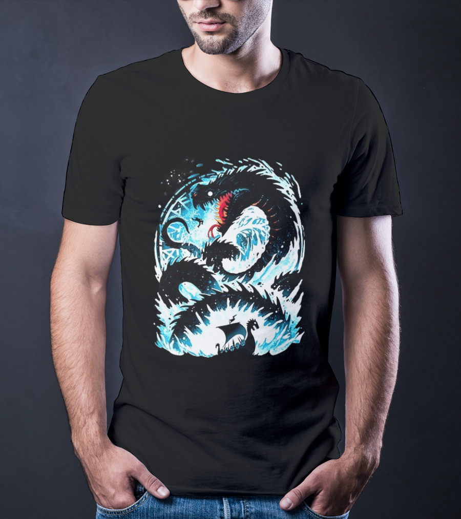 Jörmungandr World Serpent Norse Mythology Viking Ship Ocean Waves T-Shirt