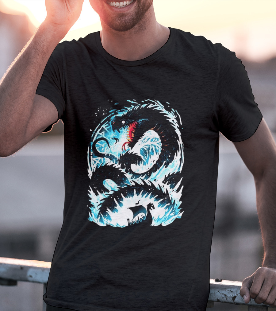 Jörmungandr World Serpent Norse Mythology Viking Ship Ocean Waves T-Shirt