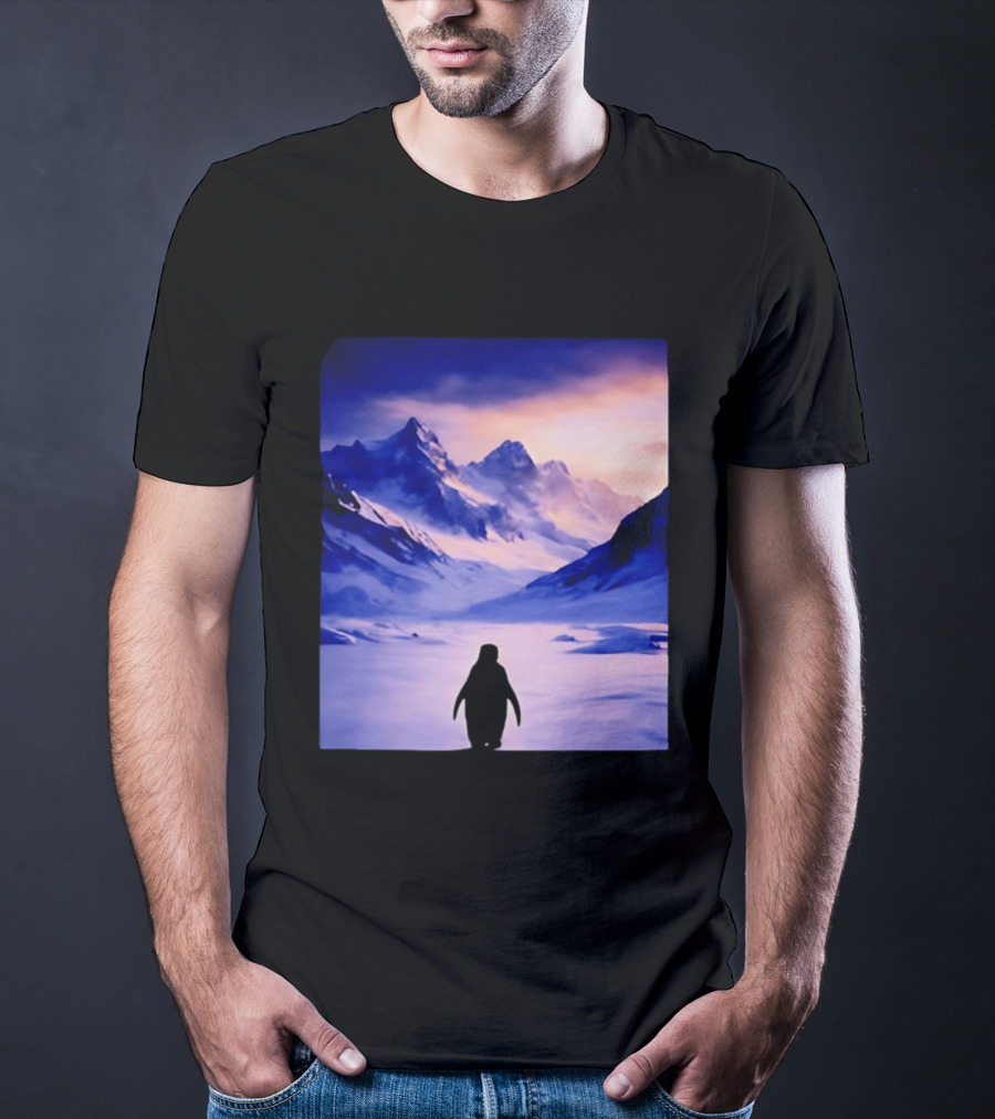 Nihilist Penguin Silhouette In Mountainous Ice Landscape T-Shirt