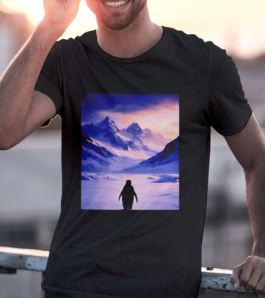 Nihilist Penguin Silhouette In Mountainous Ice Landscape T-Shirt