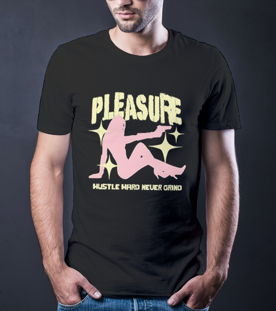 Pleasure Hustle Hard Never Grind Pink Silhouette With Stars T-Shirt