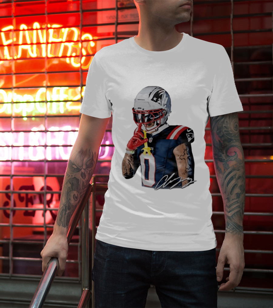 Christian Gonzalez Patriots Number Zero Shh Gesture Helmet Tattoo Football T-Shirt