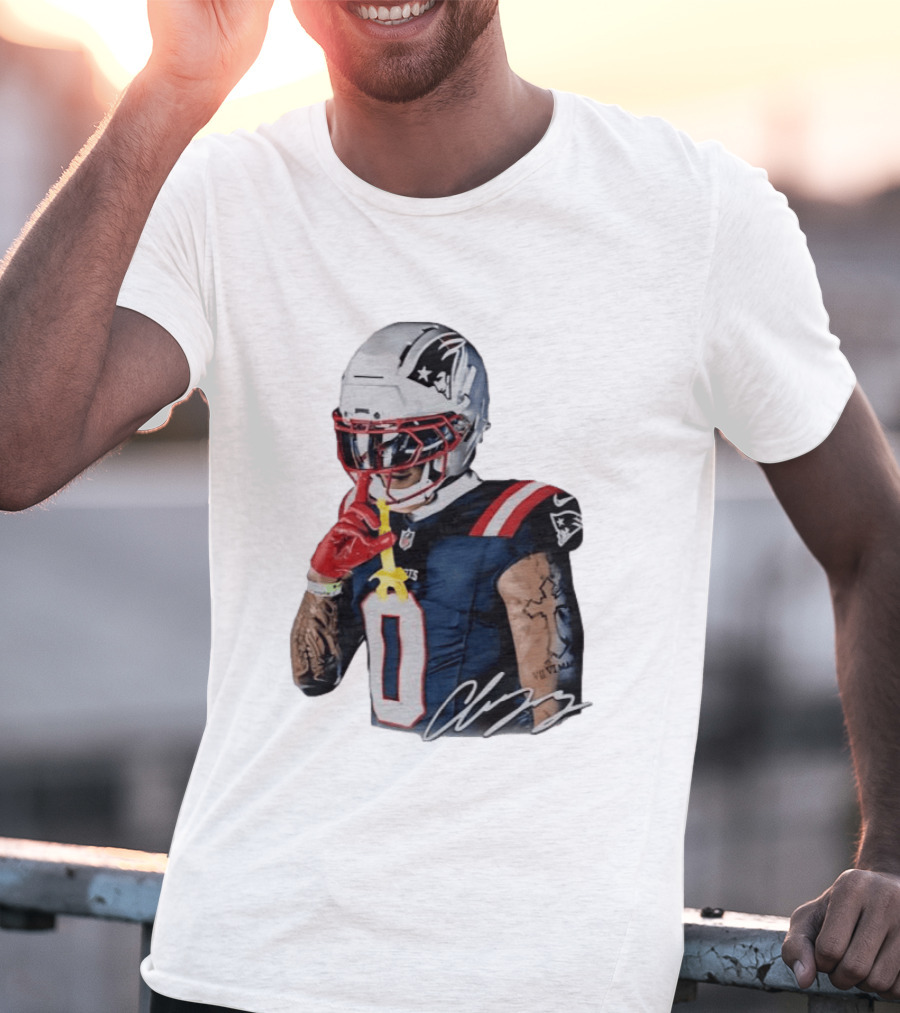Christian Gonzalez Patriots Number Zero Shh Gesture Helmet Tattoo Football T-Shirt
