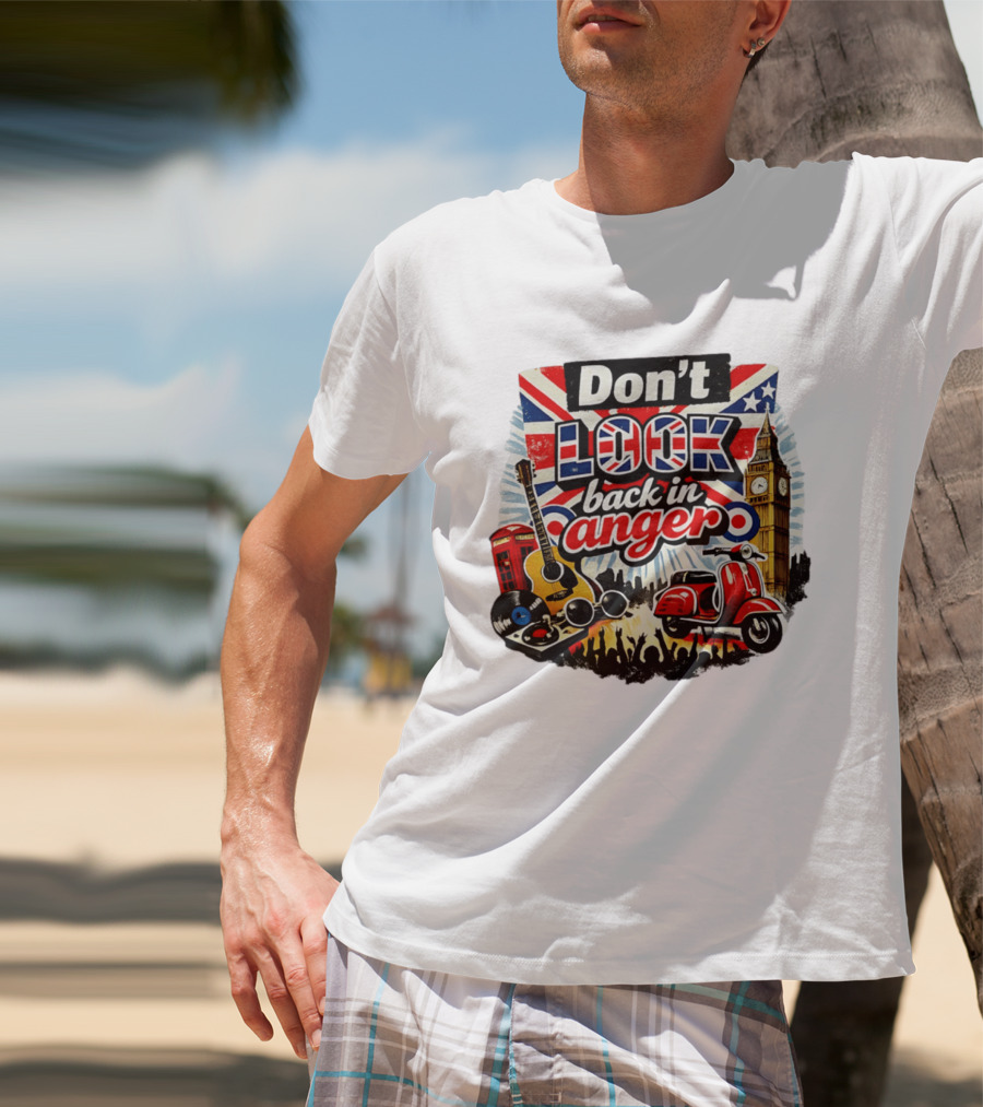 Don't Look Back In Anger UK Flag Vespa Guitar Big Ben Music T-Shirt