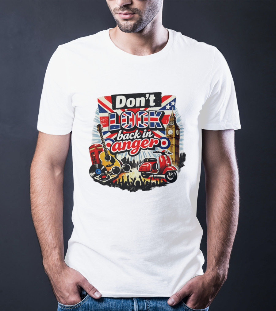 Don't Look Back In Anger UK Flag Vespa Guitar Big Ben Music T-Shirt