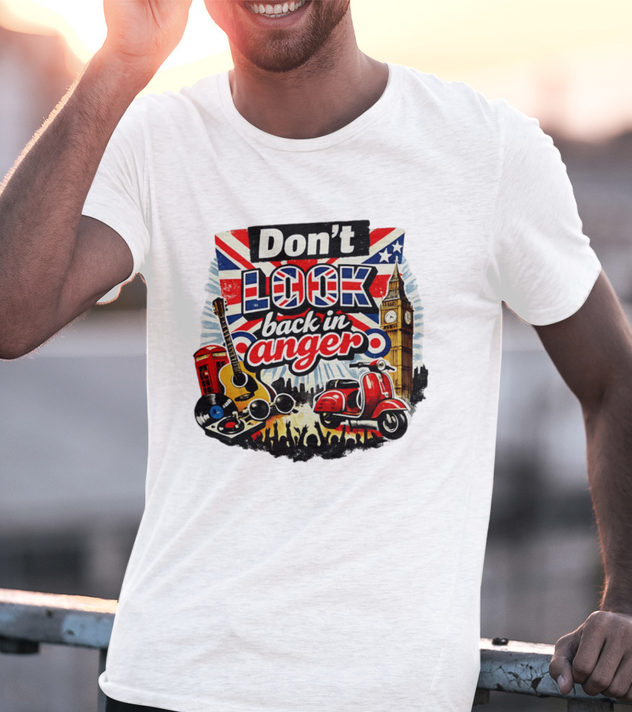 Don't Look Back In Anger UK Flag Vespa Guitar Big Ben Music T-Shirt