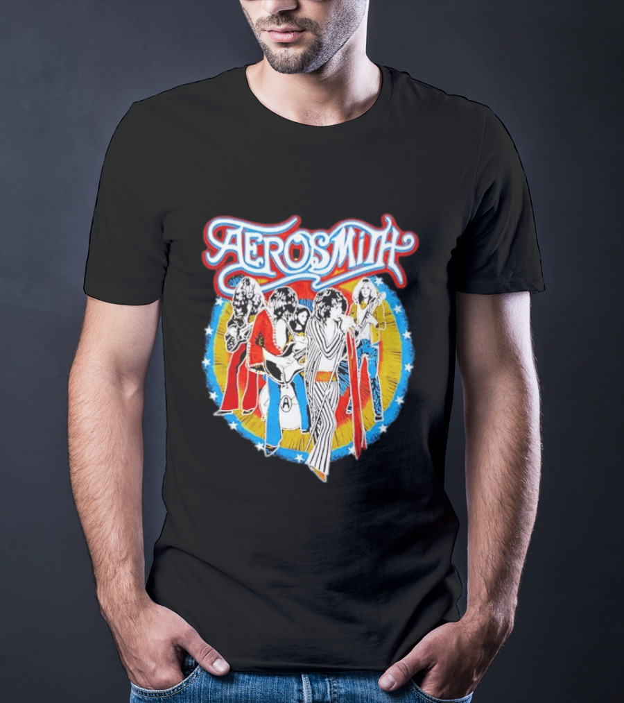 Aerosmith Vintage Band Members Illustration With Stars And Sunburst T-Shirt