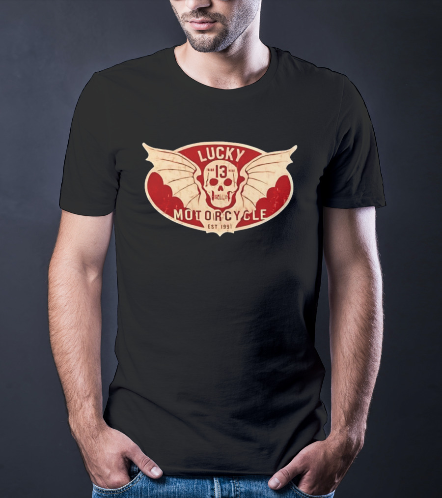Lucky 13 Motorcycle Winged Skull Est 1991 T-Shirt