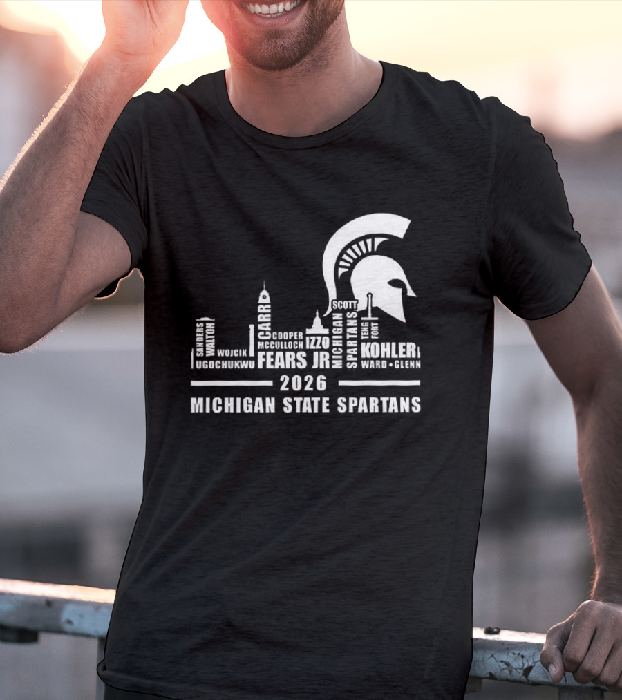 Michigan State Spartans 2026 City Skyline Buildings And Helmet T-Shirt