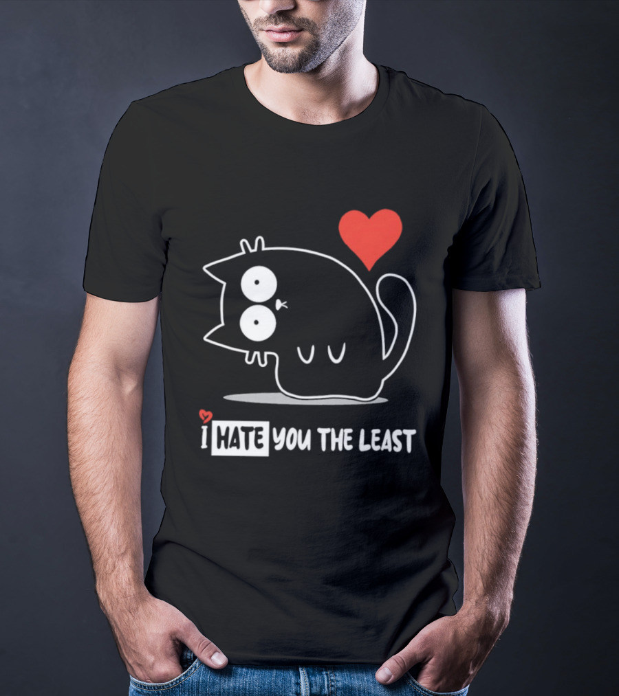 I Hate You The Least Black Cat Cartoon Red Heart Humor T-Shirt