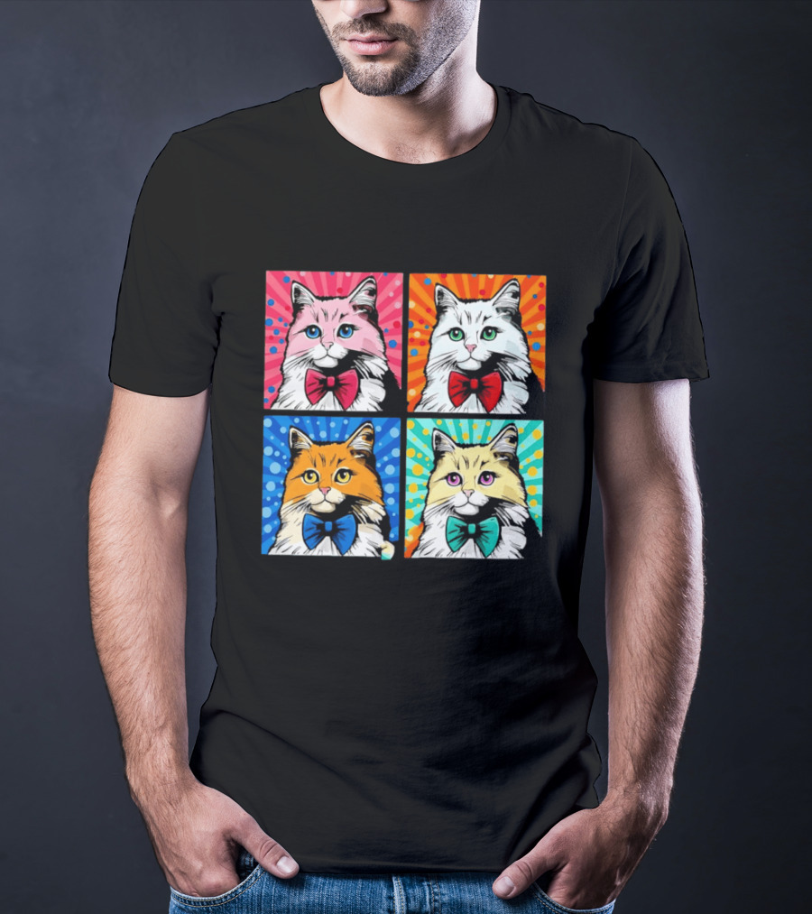 Pop Art Pop Four Panel Colorful Cats Wearing Bowties Kilkennycat T-Shirt