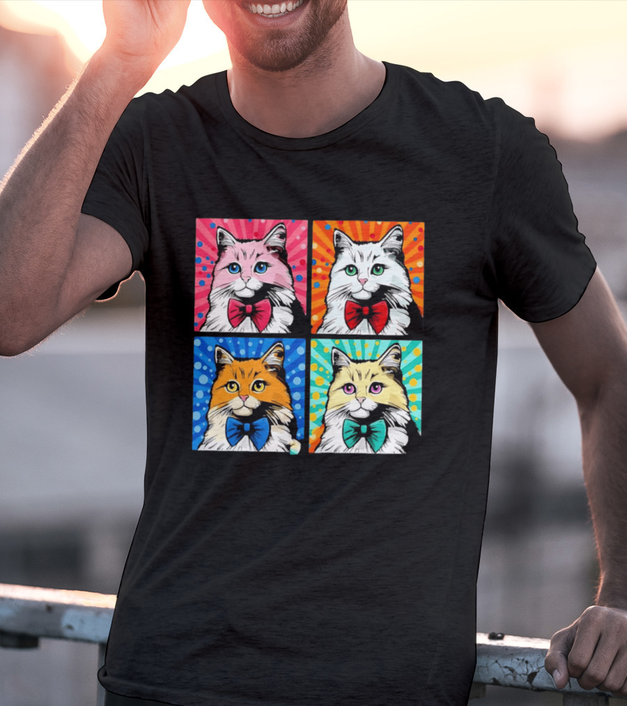 Pop Art Pop Four Panel Colorful Cats Wearing Bowties Kilkennycat T-Shirt