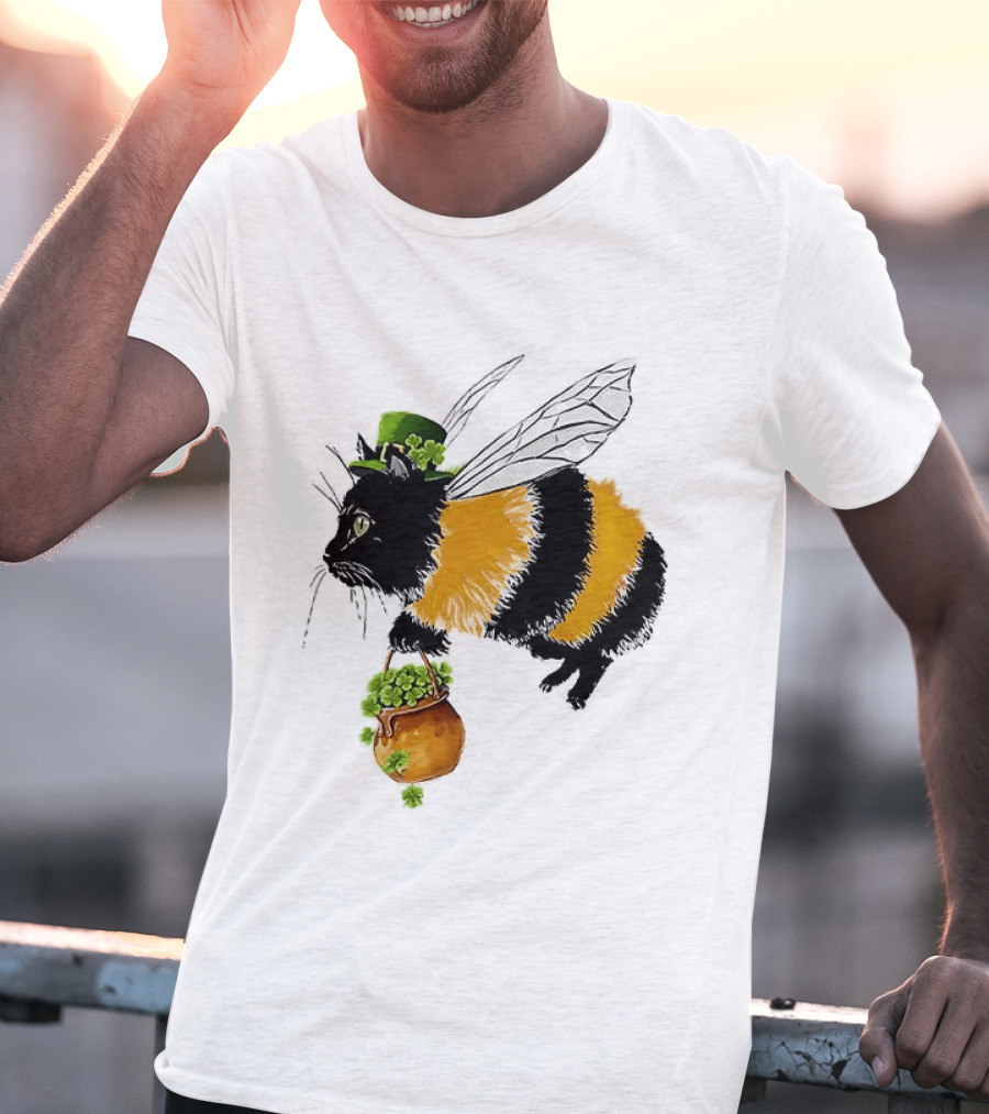 Catbee Lucky Buzz Cat With Clover And Leprechaun Hat T-Shirt