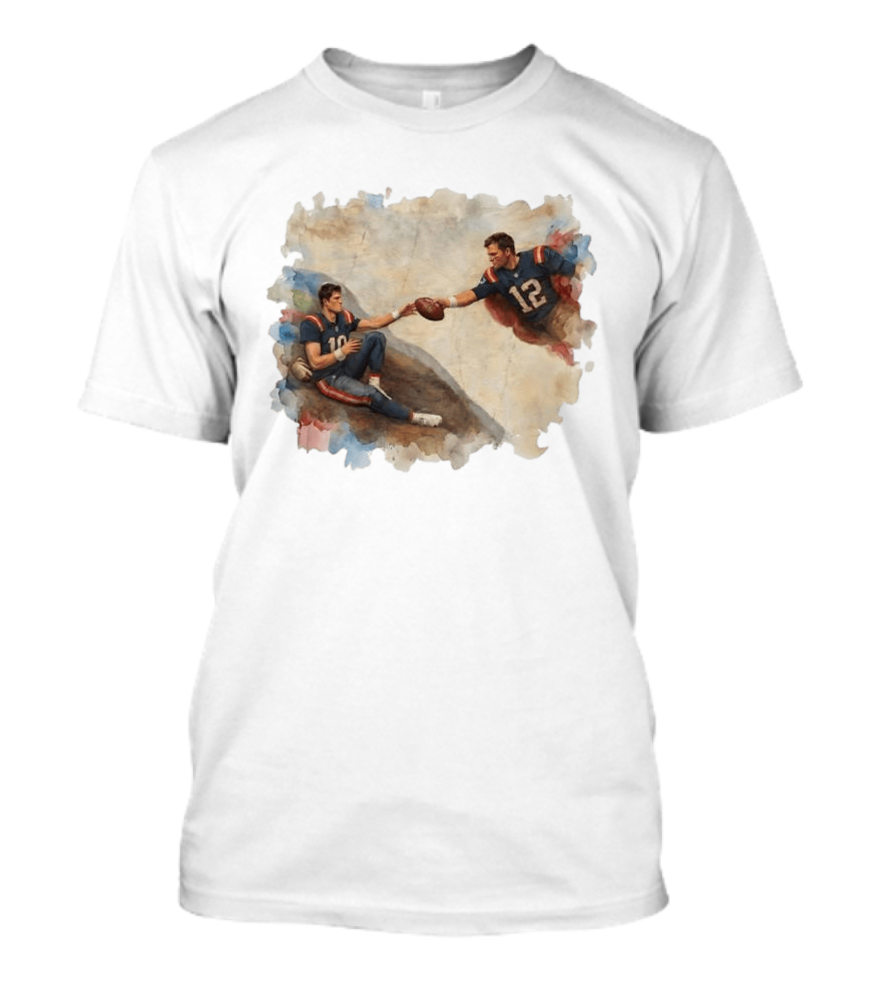 New England Football Brady Number 12 And Maye Number 10 Handing Football Painting T-Shirt