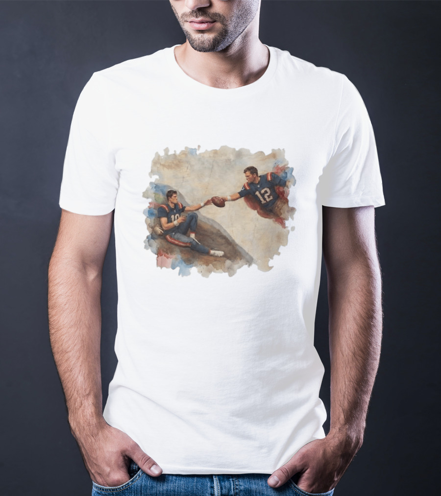 New England Football Brady Number 12 And Maye Number 10 Handing Football Painting T-Shirt