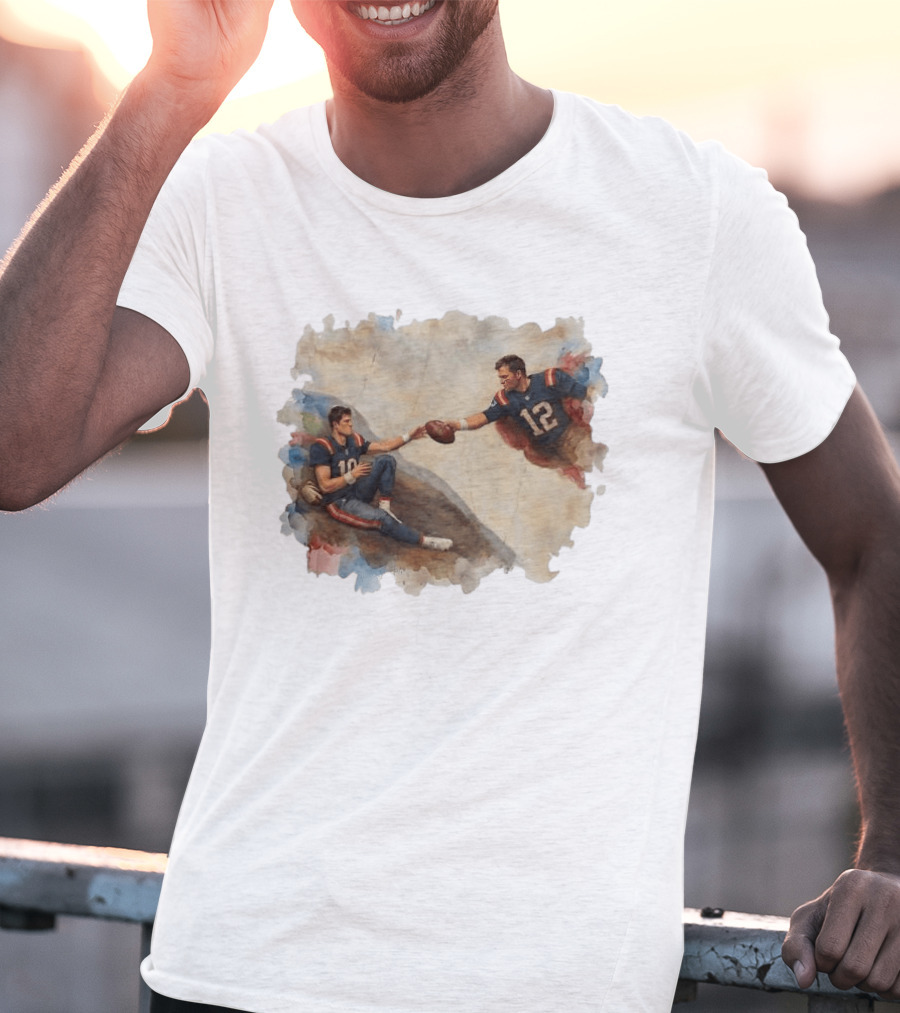 New England Football Brady Number 12 And Maye Number 10 Handing Football Painting T-Shirt