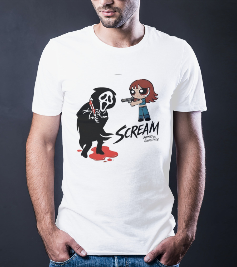 Scream Sidney Vs. Ghostface Cartoon Style Showdown With Knife And Splatter T-Shirt