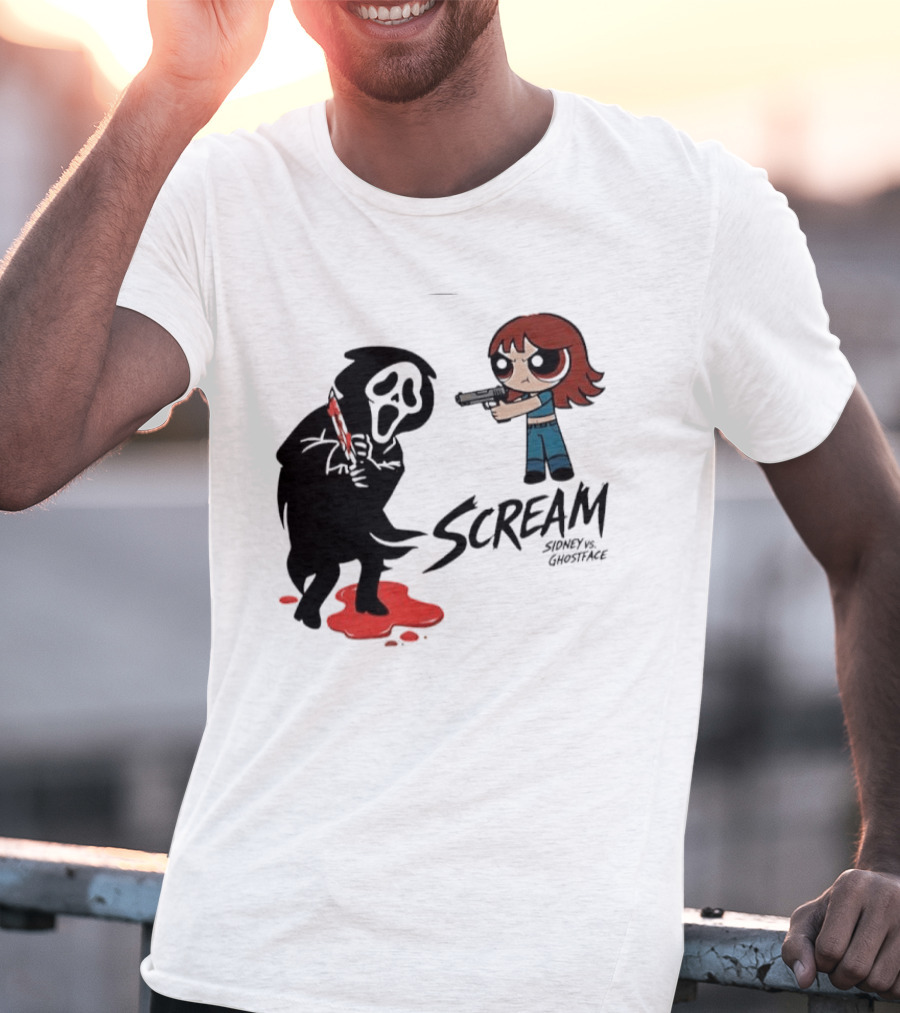Scream Sidney Vs. Ghostface Cartoon Style Showdown With Knife And Splatter T-Shirt