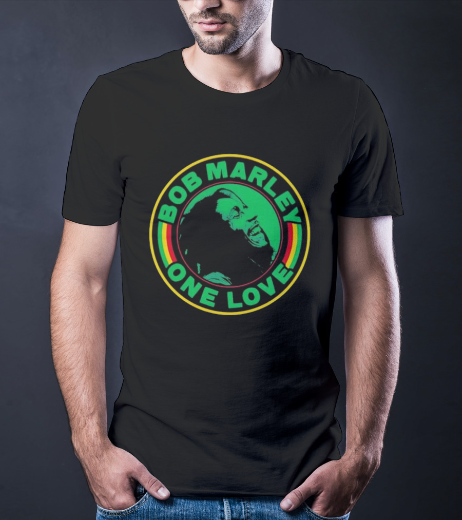 Bob Marley One Love Iconic Circle Emblem With Green And Red Highlights T-Shirt