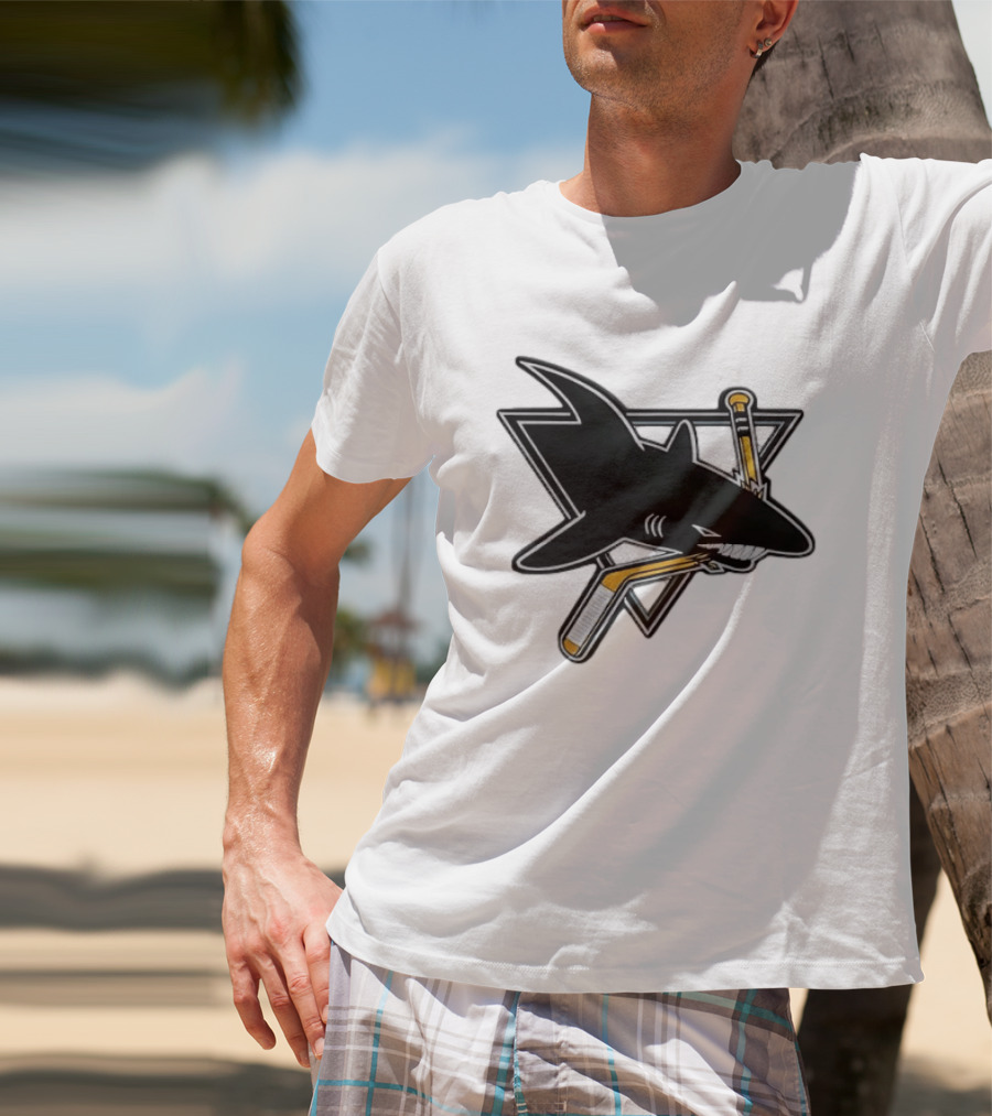 San Jose Sharks Biting Hockey Stick Triangle Sports T-Shirt