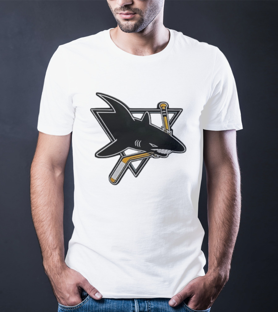 San Jose Sharks Biting Hockey Stick Triangle Sports T-Shirt