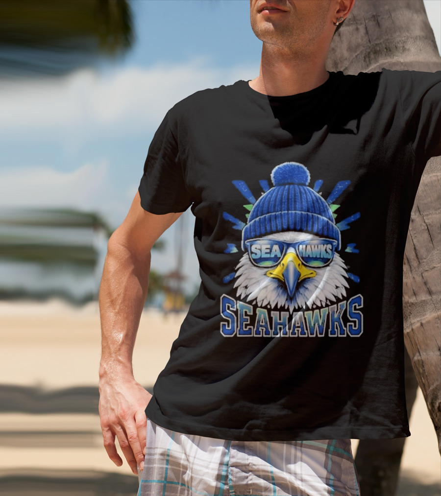Seahawks Eagle Face With Sunglasses And Winter Hat T-Shirt
