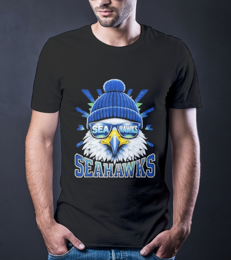 Seahawks Eagle Face With Sunglasses And Winter Hat T-Shirt