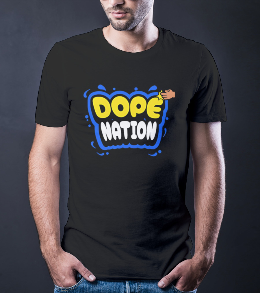 Dope Nation Bubble Letters With Yellow Hand And Blue T-Shirt