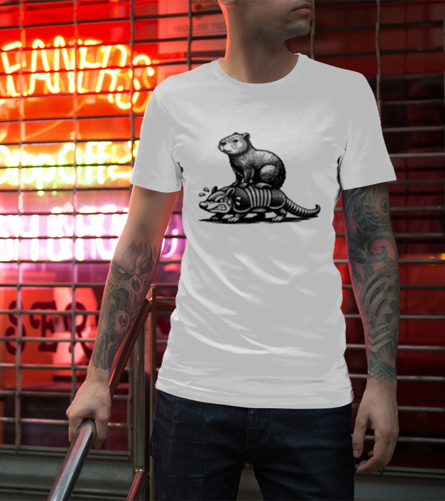 Capybara Riding Armadillo Black And White Illustration Adventure T-Shirt