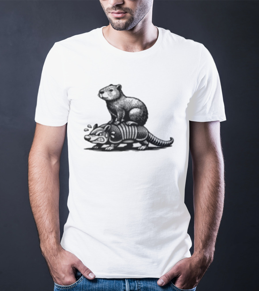 Capybara Riding Armadillo Black And White Illustration Adventure T-Shirt