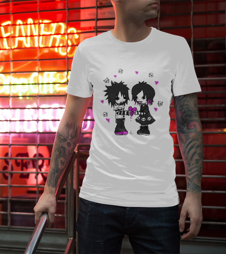 Goodie Two Sleeves Zombie Love Emo Couple Heart Skulls Pink Black T-Shirt