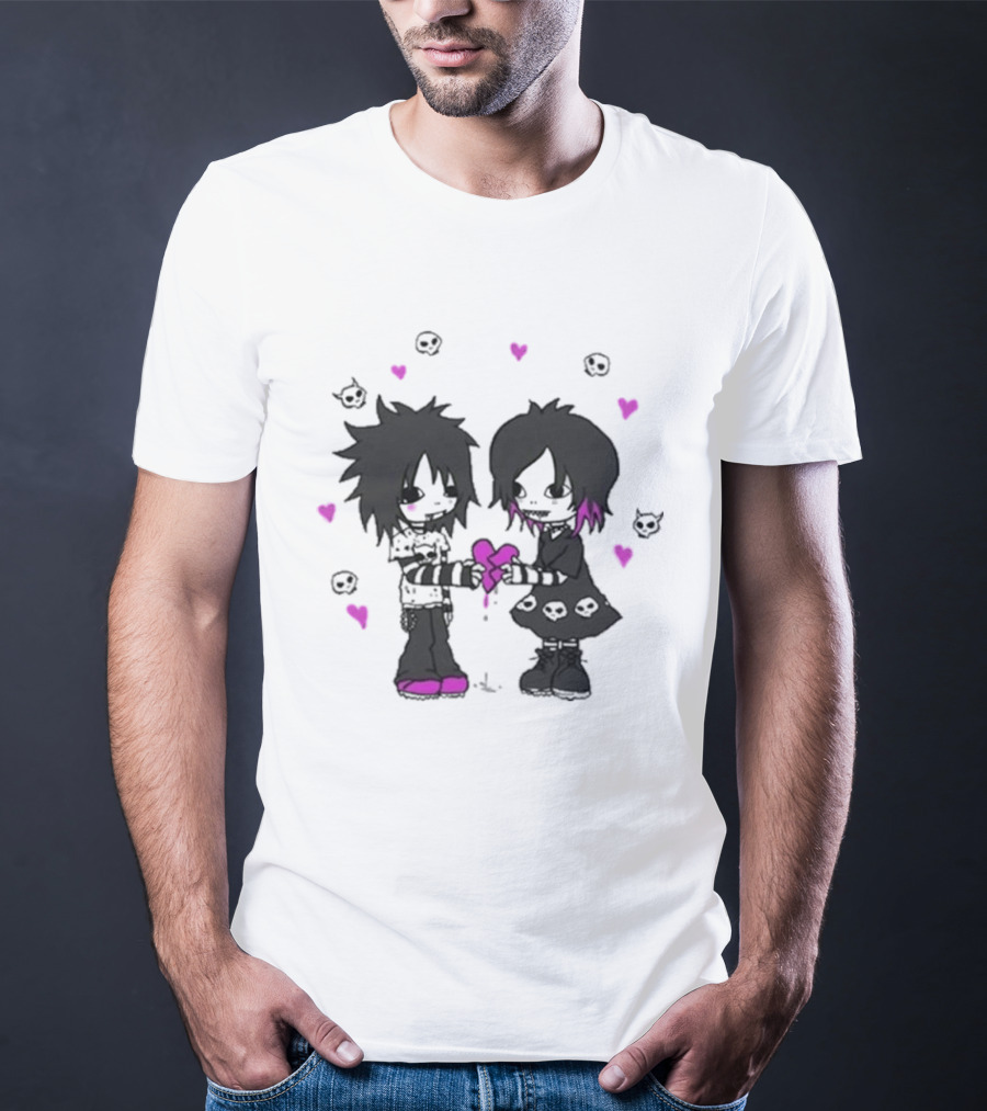 Goodie Two Sleeves Zombie Love Emo Couple Heart Skulls Pink Black T-Shirt