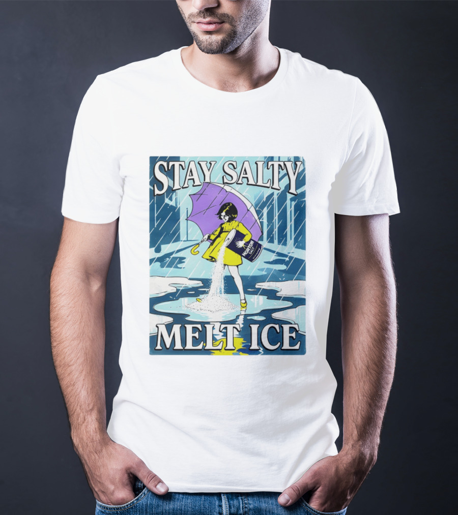Morton Salt Stay Salty Melt ICE Umbrella Girl Retro Rain Scene T-Shirt