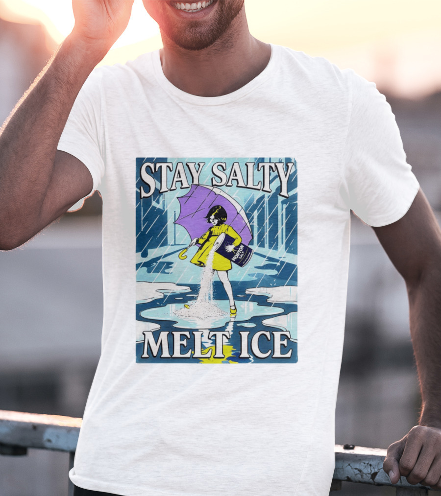 Morton Salt Stay Salty Melt ICE Umbrella Girl Retro Rain Scene T-Shirt